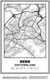 Black and white printable Street map art Bern city, Switzerland. Travel poster with coordinates, poster design, Modern Poster Wall Art Home Decor Ready to Printable