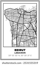 Black and white printable Street map art Beirut city, Lebanon. Travel poster with coordinates, poster design, Modern Poster Wall Art Home Decor Ready to Printable