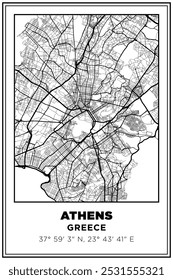 Imprimible en blanco y negro Street map art ciudad de Atenas, Grecia. Póster de viaje con coordenadas, diseño de póster, arte moderno de la pared del cartel Decoración del hogar listo para imprimir