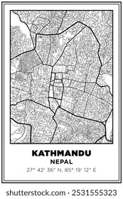 Black and white printable Street map art Kathmandu city, Nepal. Travel poster with coordinates, poster design, Modern Poster Wall Art Home Decor Ready to Printable