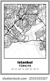 Black and white printable Street map art Istanbul city, Turkey. Travel poster with coordinates, poster design, Modern Poster Wall Art Home Decor Ready to Printable