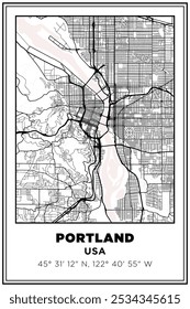 Mapa de ruas de arte portland city, oregon, EUA, impresso em preto e branco Cartaz de viagem com coordenadas, design de cartaz, Pôster moderno Wall Art Decor Home Pronto para impressão