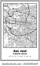 Mapa de ruas de arte impresso em preto e branco Cidade de San José, Costa Rica. Cartaz de viagem com coordenadas, design de cartaz, Pôster moderno Wall Art Decor Home Pronto para impressão