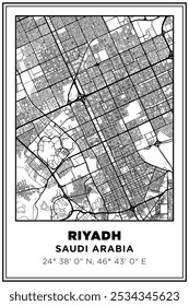 Imprimible en blanco y negro Street map art Ciudad de Riad, Arabia Saudita. Póster de viaje con coordenadas, diseño de póster, arte moderno de la pared del cartel Decoración del hogar listo para imprimir