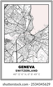 Black and white printable Street map art geneva city, Switzerland. Travel poster with coordinates, poster design, Modern Poster Wall Art Home Decor Ready to Printable