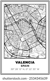 Imprimible en blanco y negro Street map art valencia ciudad, España. Póster de viaje con coordenadas, diseño de póster, arte moderno de la pared del cartel Decoración del hogar listo para imprimir