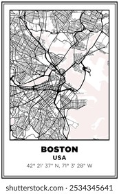 Imprimible en blanco y negro Street map art ciudad de Boston, Massachusetts, EE.UU. Póster de viaje con coordenadas, diseño de póster, arte moderno de la pared del cartel Decoración del hogar listo para imprimir