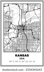 Imprimible en blanco y negro Street map art Kansas City, Missouri, Estados Unidos. Póster de viaje con coordenadas, diseño de póster, arte moderno de la pared del cartel Decoración del hogar listo para imprimir