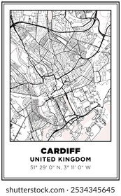 Black and white printable Street map art Cardiff city, wales, uk. Travel poster with coordinates, poster design, Modern Poster Wall Art Home Decor Ready to Printable