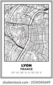 Black and white printable Street map art Lyon city, France. Travel poster with coordinates, poster design, Modern Poster Wall Art Home Decor Ready to Printable