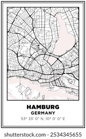 Black and white printable Street map art Hamburg city, germany. Travel poster with coordinates, poster design, Modern Poster Wall Art Home Decor Ready to Printable