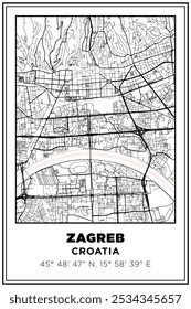 Black and white printable Street map art Zagreb city, Croatia. Travel poster with coordinates, poster design, Modern Poster Wall Art Home Decor Ready to Printable