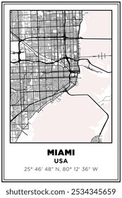 Imprimible en blanco y negro Street map art Ciudad de Miami, EE.UU. Póster de viaje con coordenadas, diseño de póster, arte moderno de la pared del cartel Decoración del hogar listo para imprimir