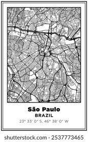 Black and white printable Street map art São Paulo city, Brazil. Travel poster with coordinates, poster design, Modern Poster Wall Art Home Decor Ready to Printable