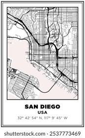 Arte com mapa de rua em preto e branco Cidade de San Diego, Califórnia, EUA. Cartaz de viagem com coordenadas, design de cartaz, Pôster moderno Wall Art Decor Home Pronto para impressão