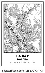 Mapa de ruas de la paz city, Bolívia, impresso em preto e branco. Cartaz de viagem com coordenadas, design de cartaz, Pôster moderno Wall Art Decor Home Pronto para impressão