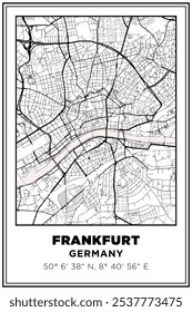 Black and white printable Street map art Frankfurt am Main city, Germany. Travel poster with coordinates, poster design, Modern Poster Wall Art Home Decor Ready to Printable