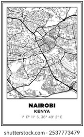 Mapa de ruas de Nairóbi cidade, quênia. Cartaz de viagem com coordenadas, design de cartaz, Pôster moderno Wall Art Decor Home Pronto para impressão