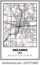 Black and white printable Street map art Orlando city, Florida, USA. Travel poster with coordinates, poster design, Modern Poster Wall Art Home Decor Ready to Printable