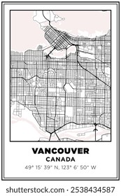 Black and white printable Street map art Vancouver city, Canada. Travel poster with coordinates, poster design, Modern Poster Wall Art Home Decor Ready to Printable