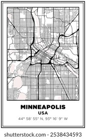 Preto e branco imprimível Mapa de ruas arte Minneapolis cidade, EUA. Cartaz de viagem com coordenadas, design de cartaz, Pôster moderno Wall Art Decor Home Pronto para impressão