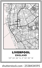Black and white printable Street map art Liverpool city, england. Travel poster with coordinates, poster design, Modern Poster Wall Art Home Decor Ready to Printable