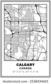 Black and white printable Street map art Calgary city, Canada. Travel poster with coordinates, poster design, Modern Poster Wall Art Home Decor Ready to Printable