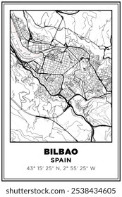 Mapa de ruas de arte Bilbao cidade, Espanha. Cartaz de viagem com coordenadas, design de cartaz, Pôster moderno Wall Art Decor Home Pronto para impressão