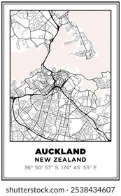 Black and white printable Street map art Auckland city, New Zealand. Travel poster with coordinates, poster design, Modern Poster Wall Art Home Decor Ready to Printable