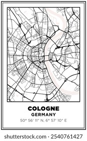 Black and white printable Street map art Cologne city, Germany. Travel poster with coordinates, poster design, Modern Poster Wall Art Home Decor Ready to Printable