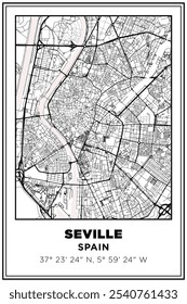 Mapa de ruas de arte de Sevilha cidade, Espanha. Cartaz de viagem com coordenadas, design de cartaz, Pôster moderno Wall Art Decor Home Pronto para impressão