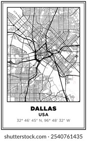 Mapa de rua em preto e branco Arte cidade de Dallas, EUA. Cartaz de viagem com coordenadas, design de cartaz, Pôster moderno Wall Art Decor Home Pronto para impressão