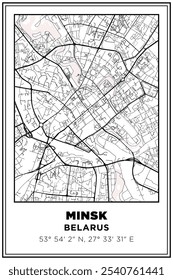 Imprimible en blanco y negro Street map art Ciudad de Minsk, Bielorrusia. Póster de viaje con coordenadas, diseño de póster, arte moderno de la pared del cartel Decoración del hogar listo para imprimir