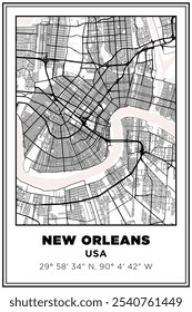 Black and white printable Street map art New Orleans city, USA. Travel poster with coordinates, poster design, Modern Poster Wall Art Home Decor Ready to Printable