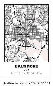 Arte com mapa de rua em preto e branco Cidade de Baltimore, EUA. Cartaz de viagem com coordenadas, design de cartaz, Pôster moderno Wall Art Decor Home Pronto para impressão
