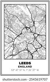 Black and white printable Street map art leeds city, england. Travel poster with coordinates, poster design, Modern Poster Wall Art Home Decor Ready to Printable