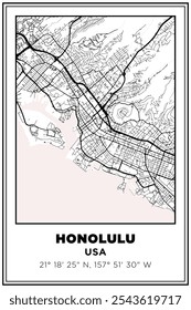 Black and white printable Street map art Honolulu city, USA. Travel poster with coordinates, poster design, Modern Poster Wall Art Home Decor Ready to Printable