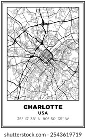 Black and white printable Street map art Charlotte city, USA. Travel poster with coordinates, poster design, Modern Poster Wall Art Home Decor Ready to Printable