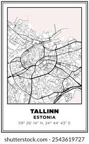 Imprimible en blanco y negro Street map art Ciudad de Tallin, Estonia. Póster de viaje con coordenadas, diseño de póster, arte moderno de la pared del cartel Decoración del hogar listo para imprimir