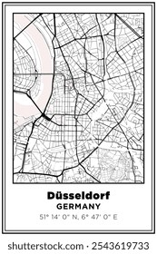 Black and white printable Street map art Düsseldorf city, Germany. Travel poster with coordinates, poster design, Modern Poster Wall Art Home Decor Ready to Printable