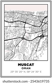 Blanco y negro imprimible Street map art Muscat ciudad, mujer. Póster de viaje con coordenadas, diseño de póster, arte moderno de la pared del cartel Decoración del hogar listo para imprimir