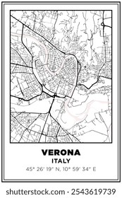 Mapa de ruas de arte Verona cidade, Itália. Cartaz de viagem com coordenadas, design de cartaz, Pôster moderno Wall Art Decor Home Pronto para impressão