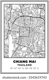 Imprimible en blanco y negro Street map art Chiang Mai ciudad, Tailandia. Póster de viaje con coordenadas, diseño de póster, arte moderno de la pared del cartel Decoración del hogar listo para imprimir