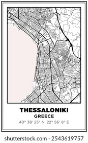 Black and white printable Street map art Thessaloniki city, Greece. Travel poster with coordinates, poster design, Modern Poster Wall Art Home Decor Ready to Printable