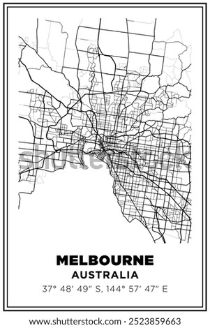 Black and white printable Street map art Melbourne city, australia. Travel poster with coordinates, poster design, Modern Poster Wall Art Home Decor Ready to Printable