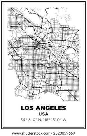 Black and white printable Street map art Los Angeles city, USA. Travel poster with coordinates, poster design, Modern Poster Wall Art Home Decor Ready to Printable