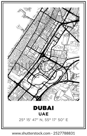 Black and white printable Street map art Dubai city, UAE. Travel poster with coordinates, poster design, Modern Poster Wall Art Home Decor Ready to Printable