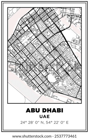 Black and white printable Street map art abu dhabi city, UAE. Travel poster with coordinates, poster design, Modern Poster Wall Art Home Decor Ready to Printable