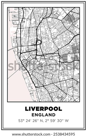 Black and white printable Street map art Liverpool city, england. Travel poster with coordinates, poster design, Modern Poster Wall Art Home Decor Ready to Printable
