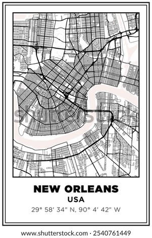 Black and white printable Street map art New Orleans city, USA. Travel poster with coordinates, poster design, Modern Poster Wall Art Home Decor Ready to Printable